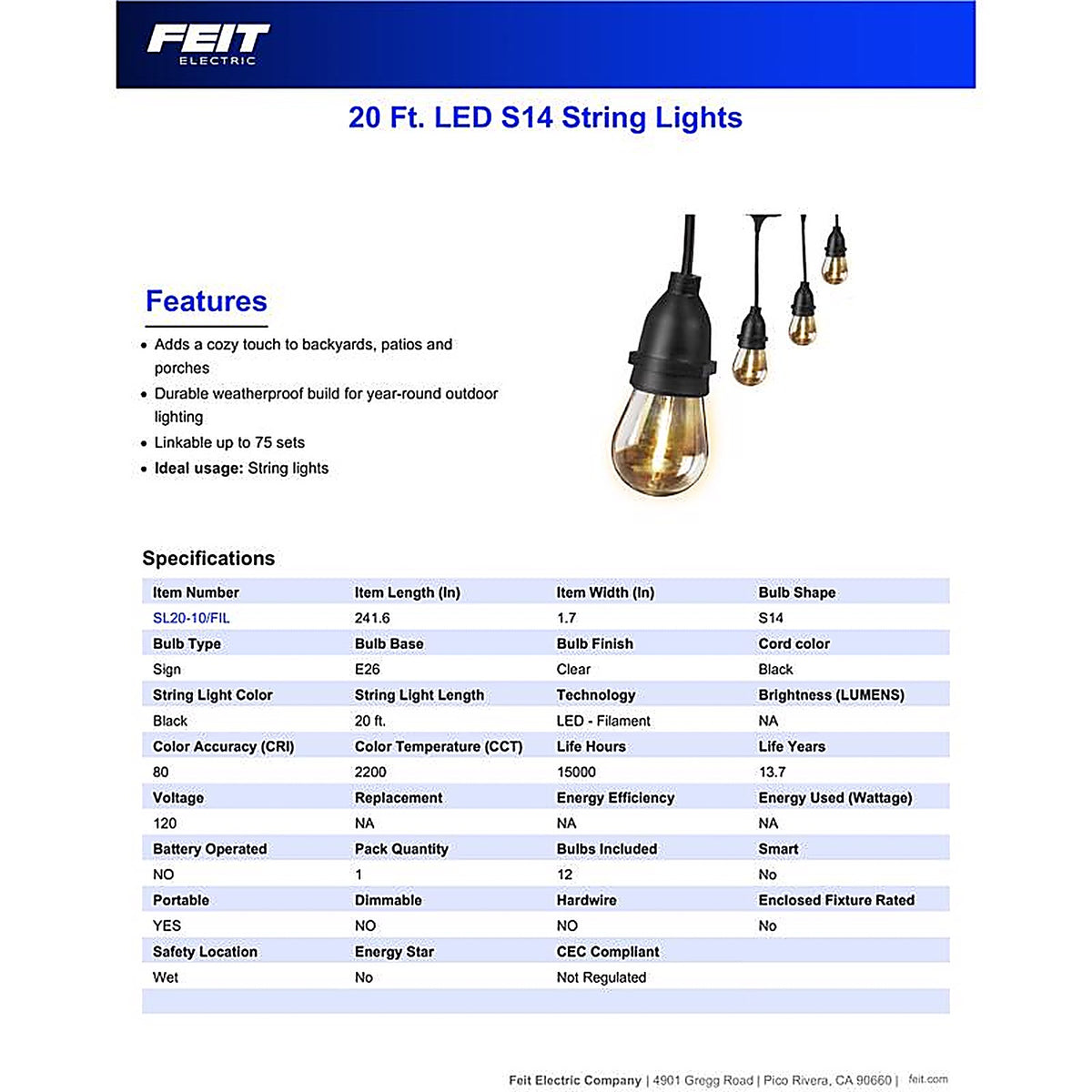 Feit Electric 72122 LED Edison LED Light String Clear 20 ft. 10 lights