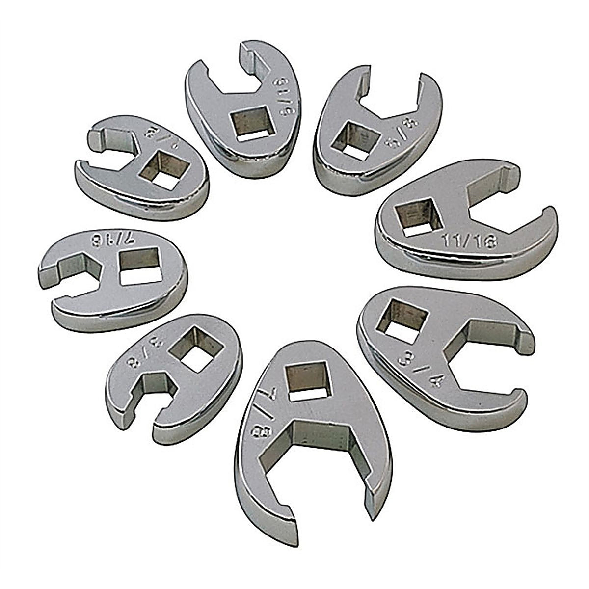 Sunex 9708 3/8in. Drive, Fully Polished SAE Flare Nut Crowfoot Wrench Set, 8 Pc.