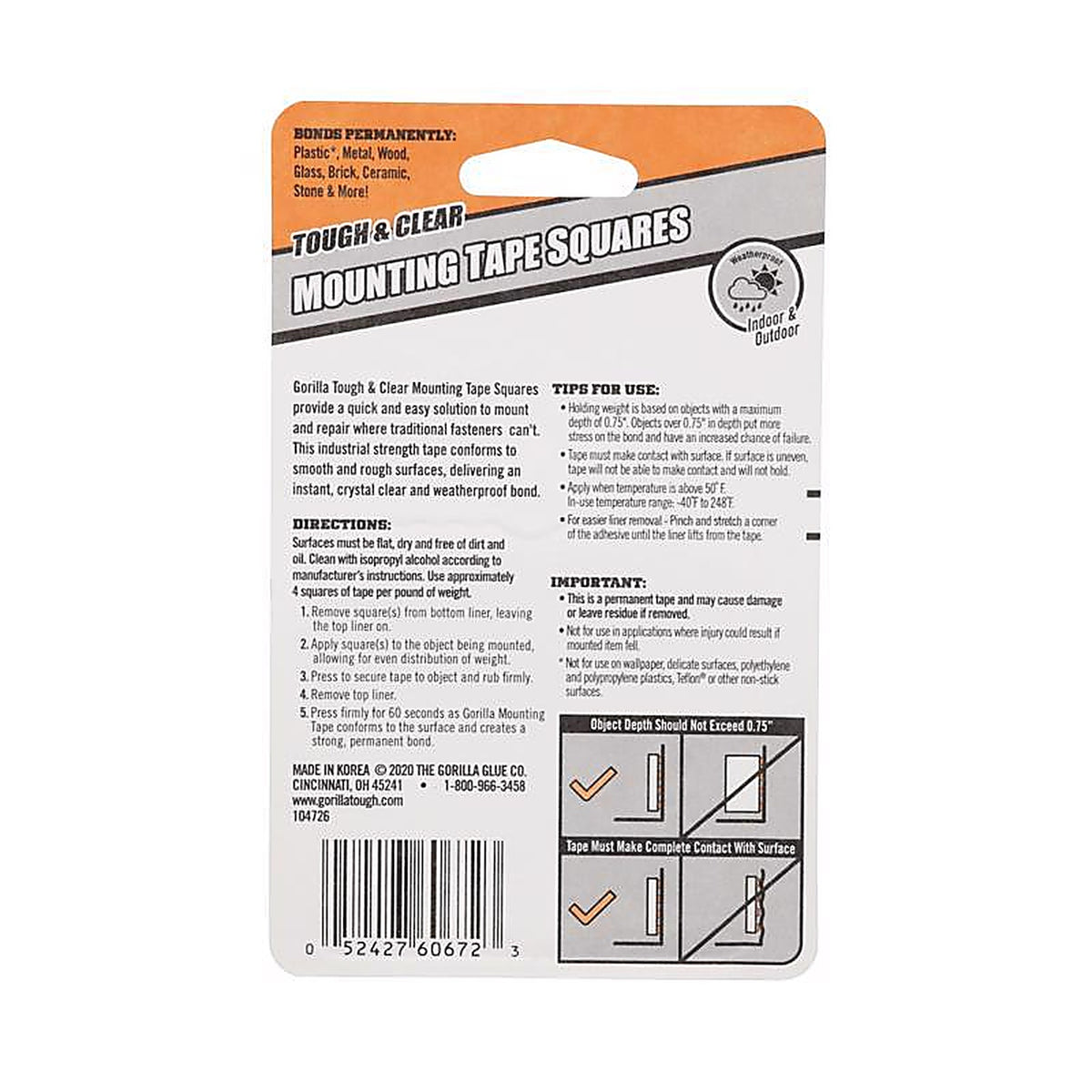 Gorilla 6067202 1 in. W x 1 in. L Mounting Squares Clear