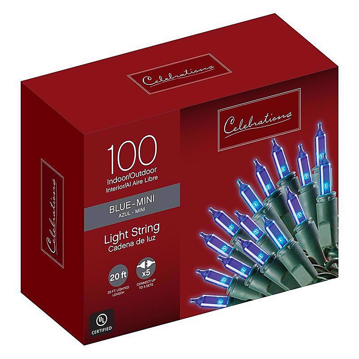 Celebrations 4004-71 Incandescent Mini Blue 100 count String Christmas Lights 20 ft.