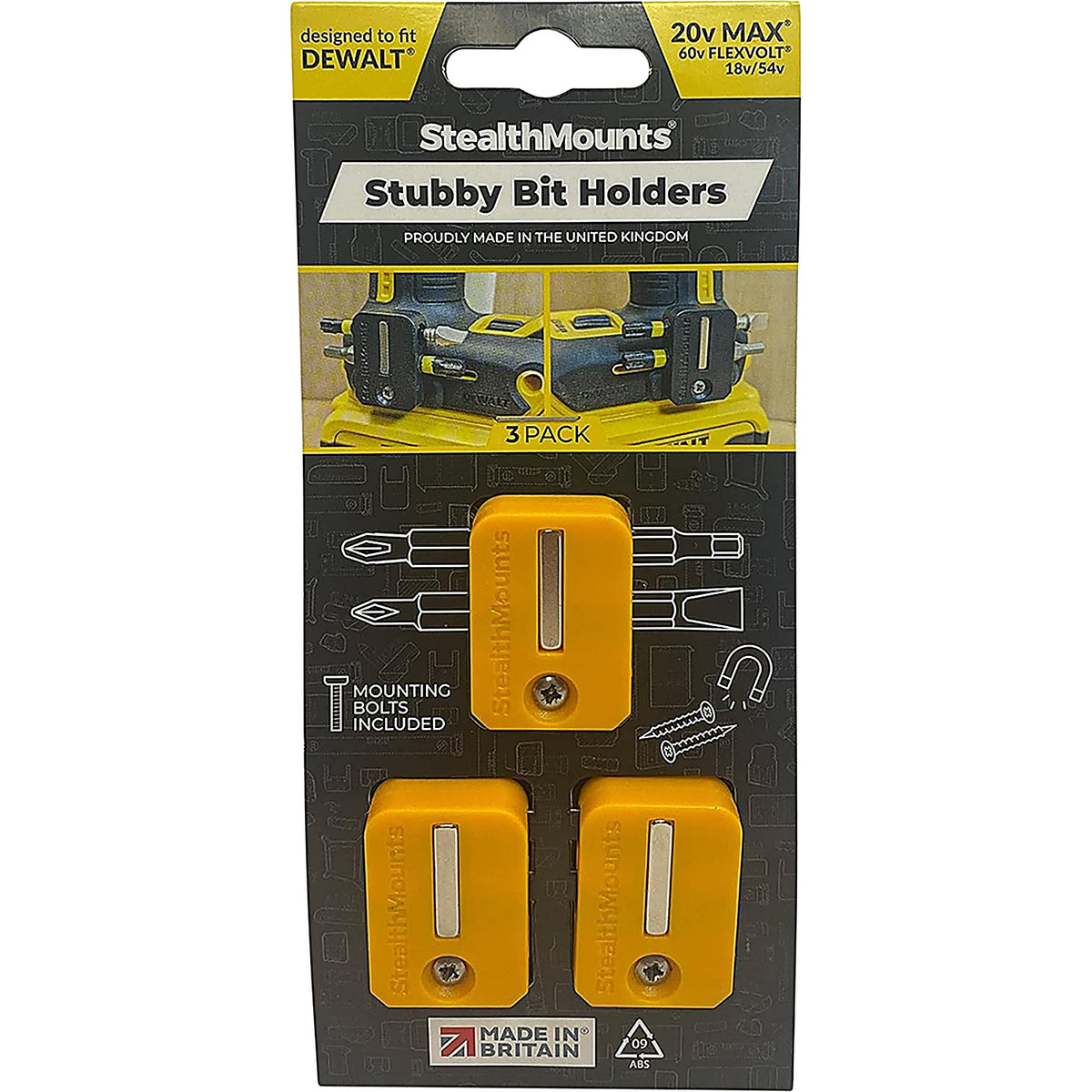 StealthMounts - BH-DW-S-YLW - Stubby Magnetic Bit Holder for Dewalt Xr & Flexvolt Tools (3 Pack) Yellow