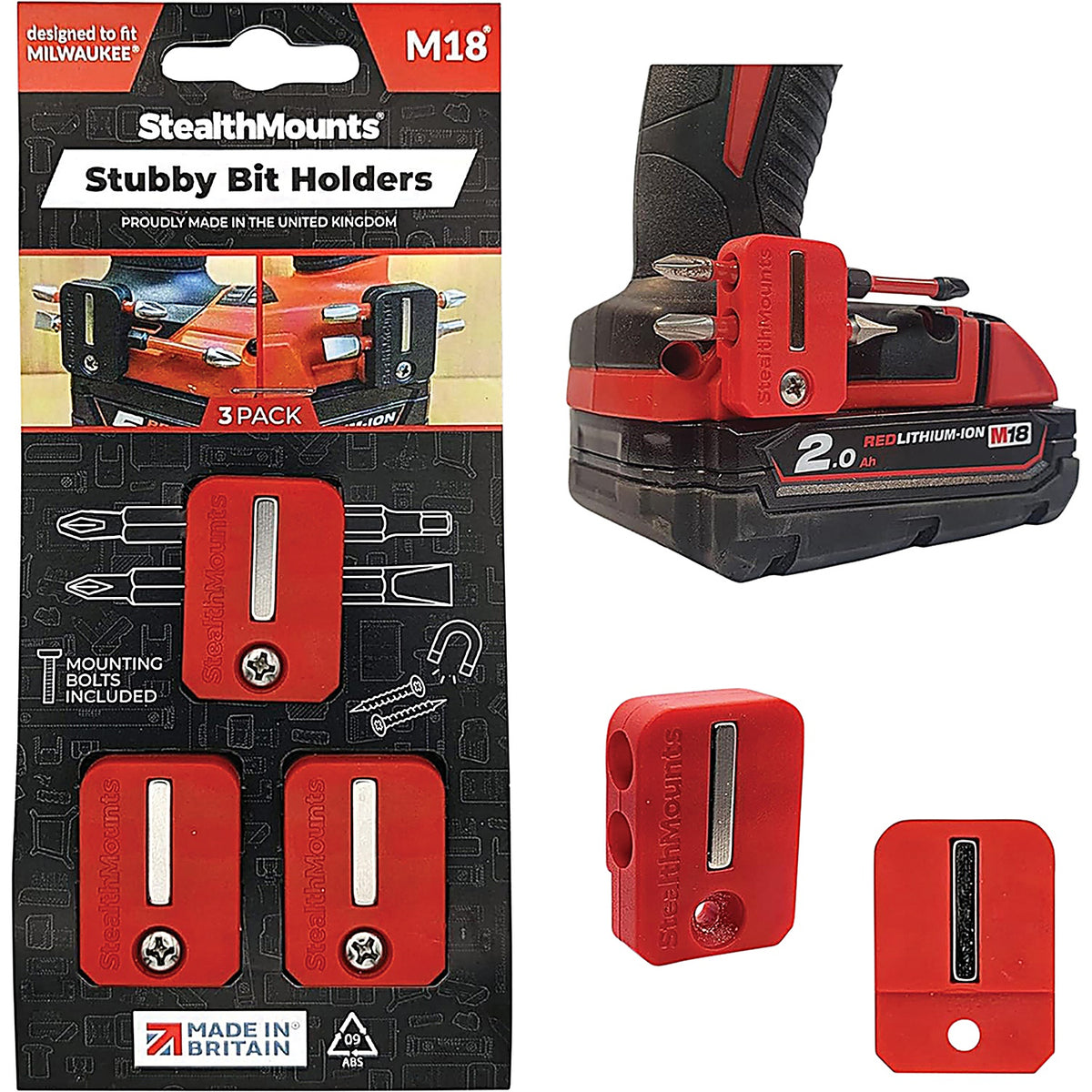 StealthMounts - BH-M18-S-RED - Stubby Magnetic Bit Holder for Milwaukee M18 Tools (3 Pack) Red