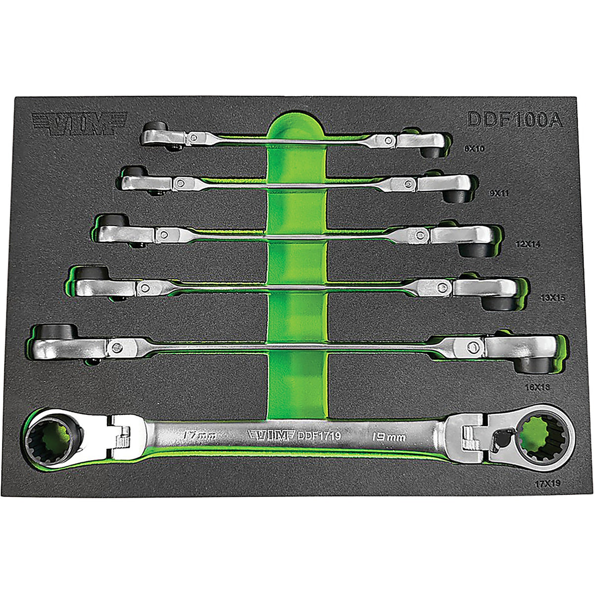 VIM Tools - DDF100A - 7 Piece Double Deep Spline Flex Head Ratcheting Wrench Set - Metric