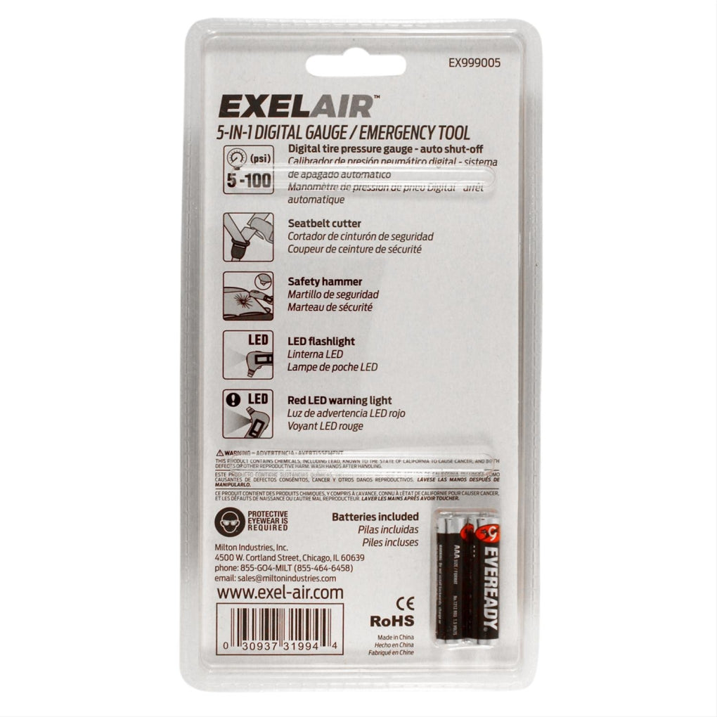 Milton EX999005 EXELAIR 5-in-1 Digital Tire Pressure Gauge 100 PSI, Multi-purpose Emergency Tool