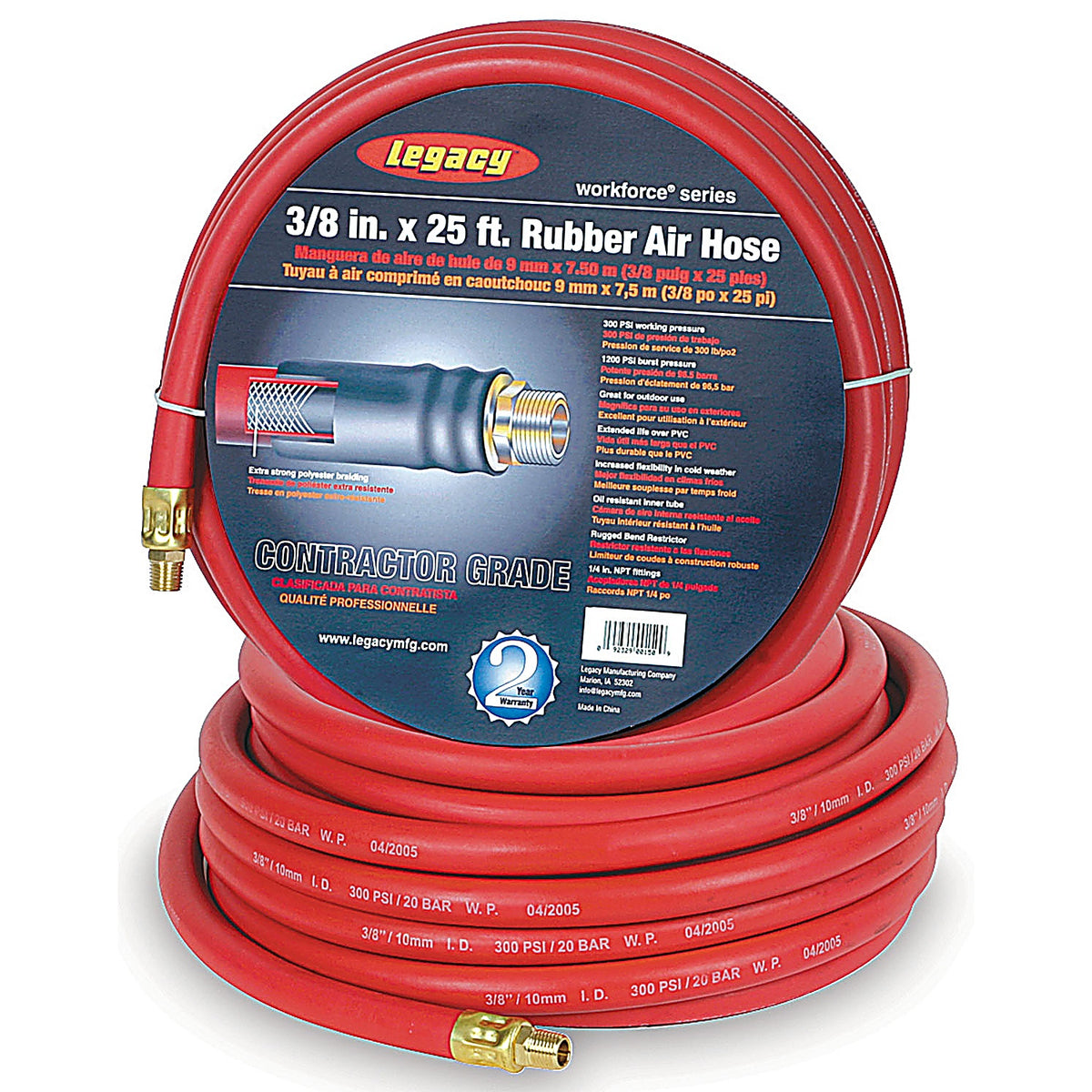 Legacy HRE3850RD2 Workforce Air Hose, 3/8 in. x 50 ft., 1/4 Fittings, Rubber, Red
