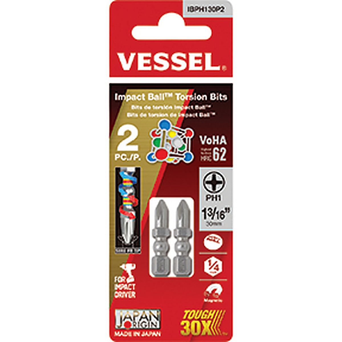 Vessel - IBPH130P2 - Impact Ball Torsion Bit Ph1 X 30 2pc.