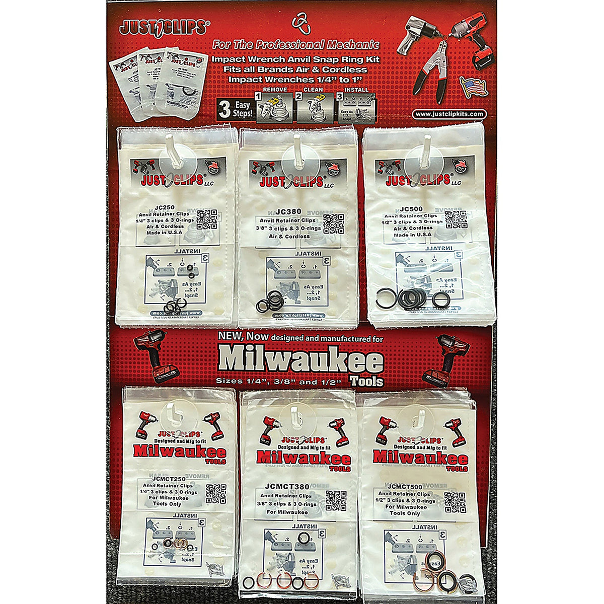 Just Clips - JCMCTSRD - 6 Hook Display Comes w/10 Packs Ea of 1/4 Inch, 3/8 Inch and 1/2 Inch Jc Original and Milwaukee Style Snap Ring Kts