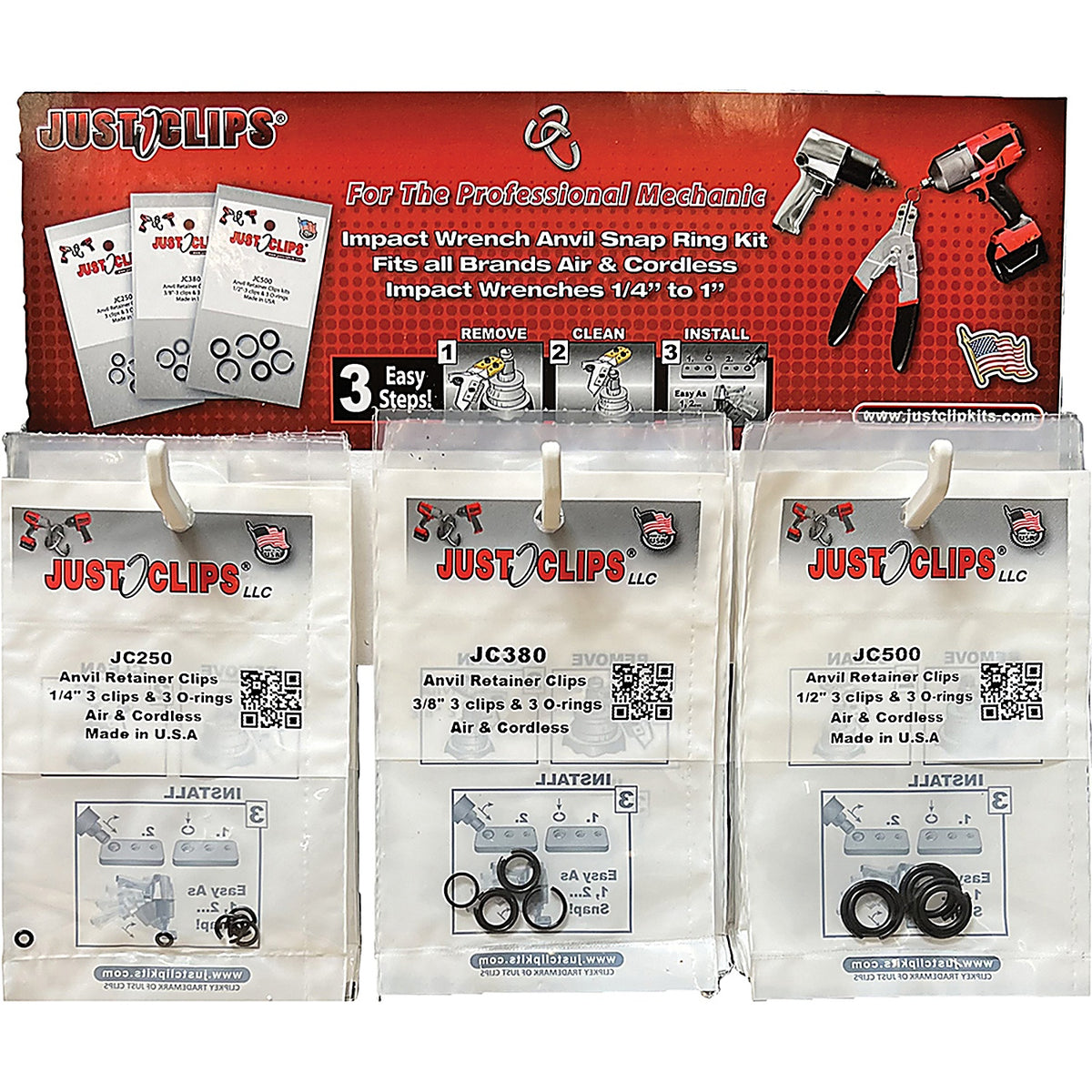 Just Clips - JCSRD - 3 Hook Display Jc Original w/5pks-1/4 Inch, 12pks-3/8 Inch and 1/2 Inch Each Pk Has 3 Snap Rings and O-Rings