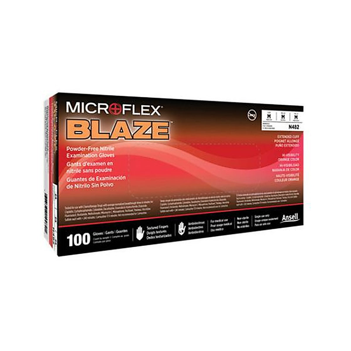 Ansell N482 Blaze Nitrile Powered Free Textured Fingertips Medium 100/Pack