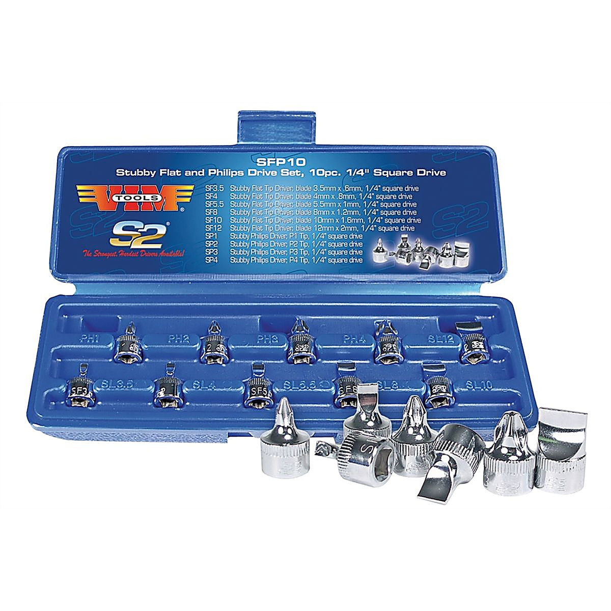 VIM Tools SFP10 10 pc 1/4 Square Drive Stubby Flat and Phillips Drive Set
