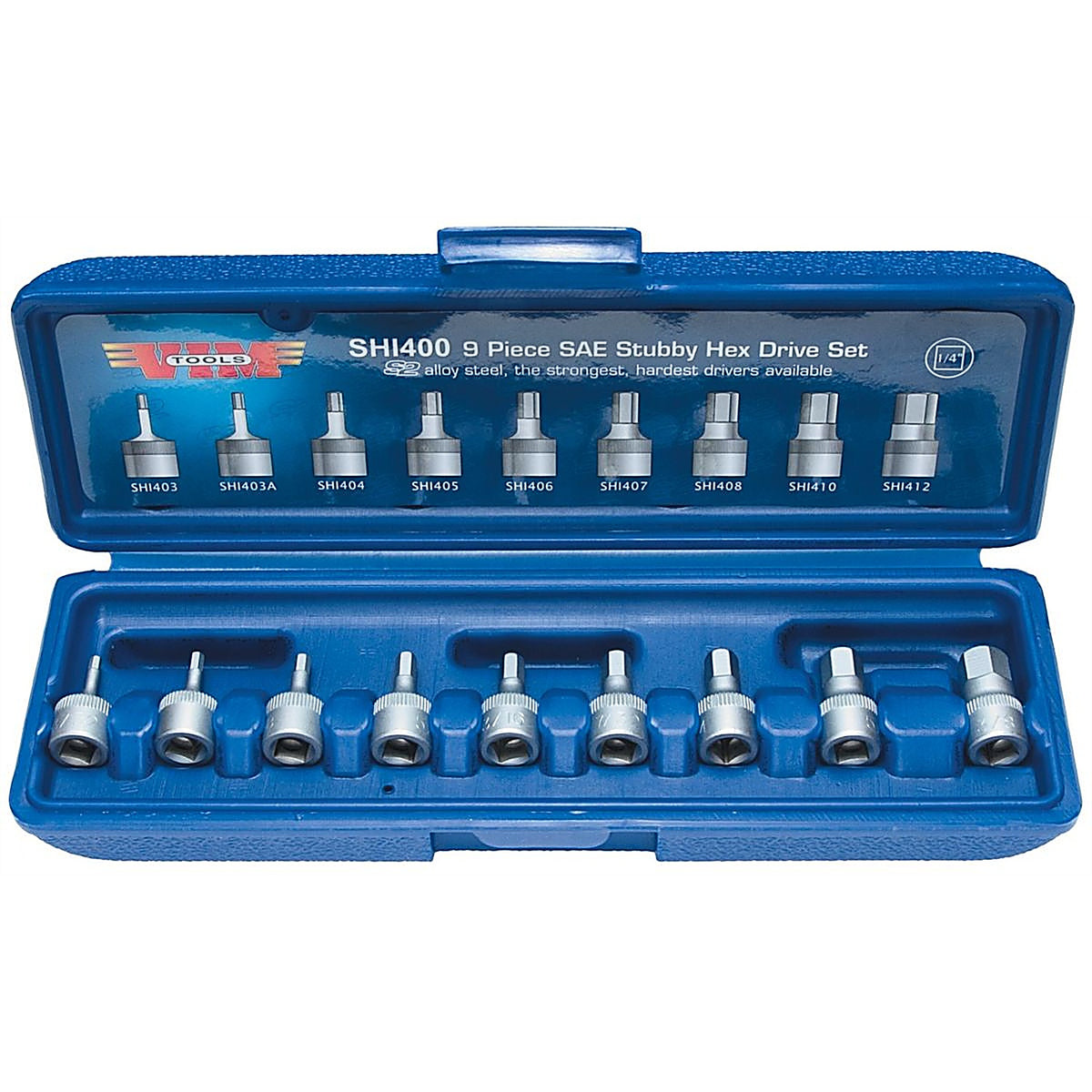 VIM SHI400 9 Piece 1/4in. Drive SAE 3/32in. 3/8in. Stubby Hex Bit Set